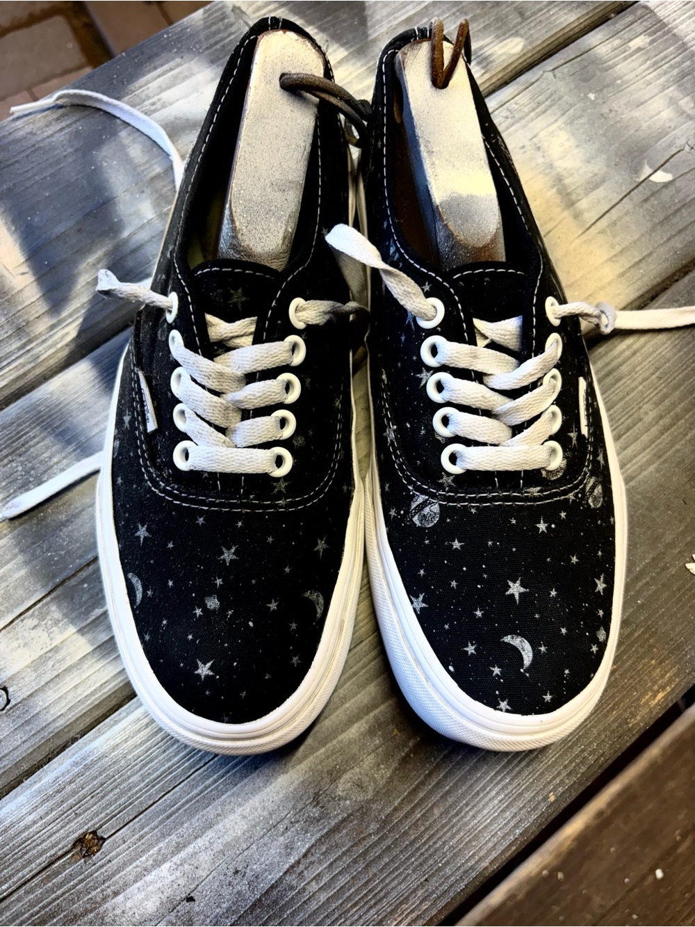 Black Vans sneakers with white stars and moons # #cosmic womens 8.5